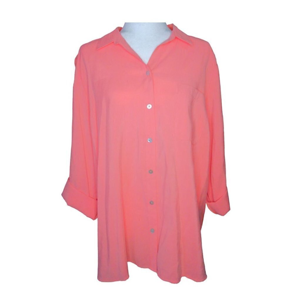 Chico's Coral Button UP Collared Long Sleeve Size 3 Shirt NWT